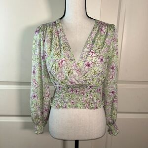 🟢 Zara XS Floral Blouse — Smocked Waist, Long Puff Sleeves, Boho Style